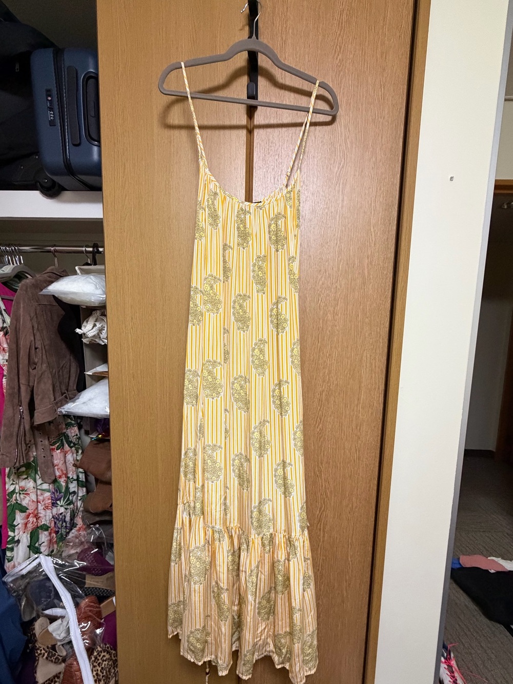 Caspia J. Crew Yellow Paisley-Striped Maxi Dress